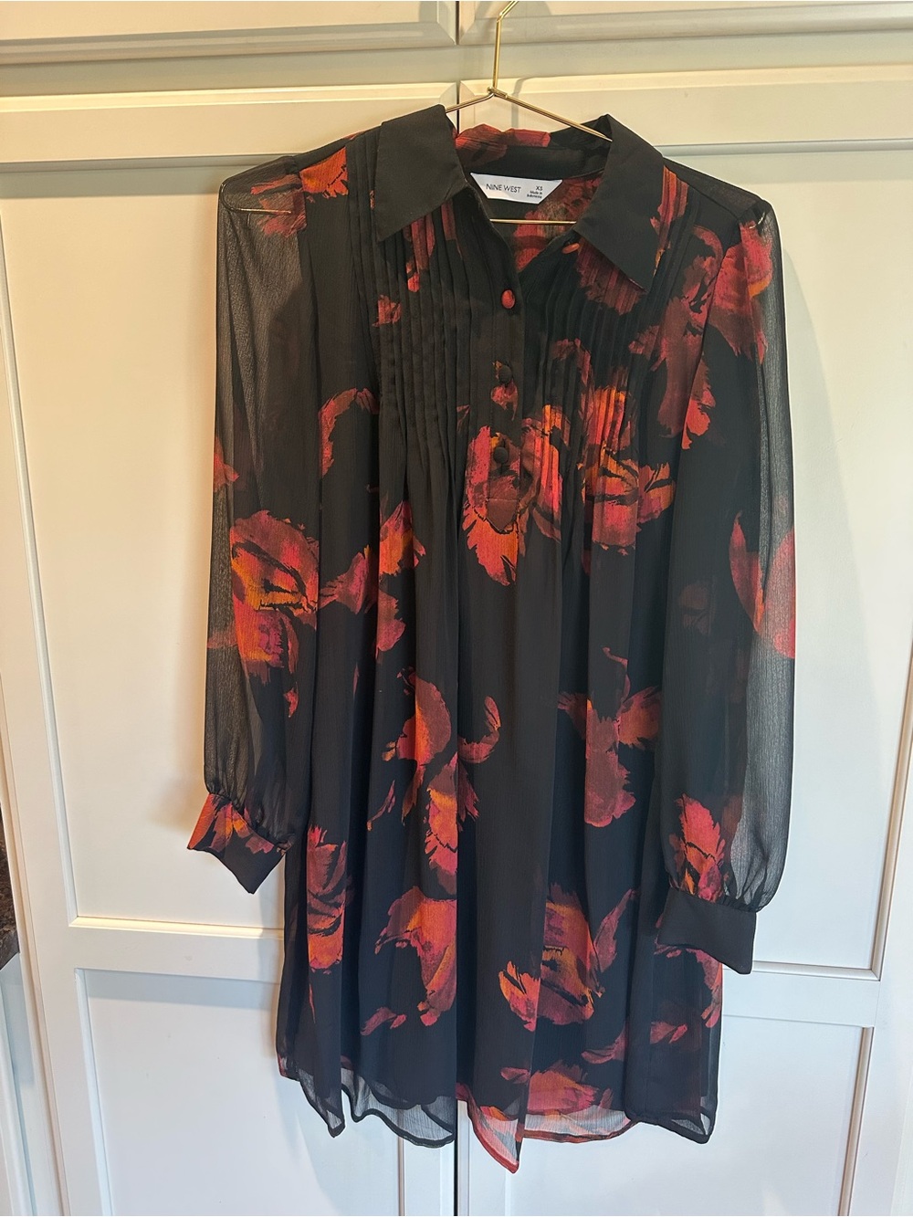 Nine West Black Chiffon Long-Sleeve Dress with Red-Orange Floral Print